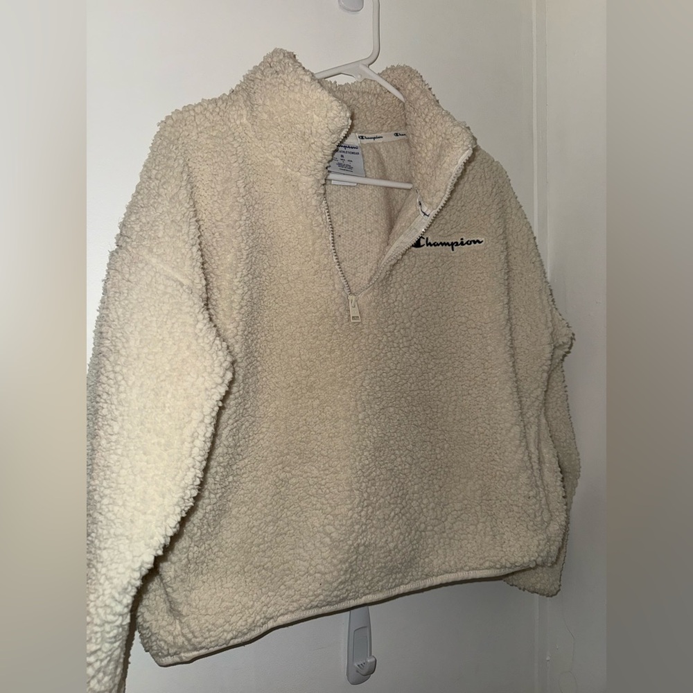 champion off white cream fuzzy quarter zip pullover